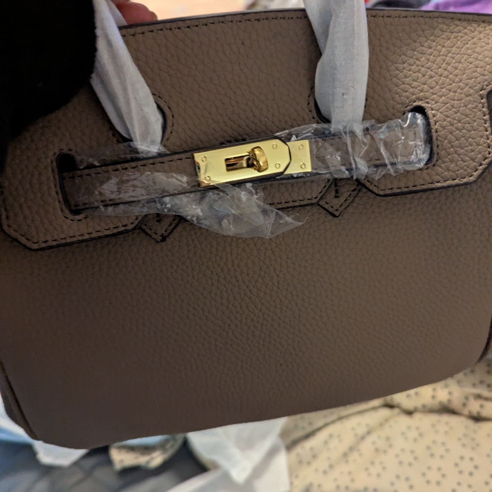 Chic Taupe Satchel with Gold Accents